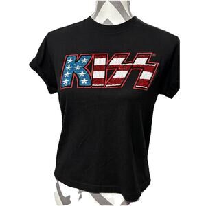 Kiss Alice Olivia Black Sequins Tshirt Rock Roll Band Cropped Patriotic USA Sm